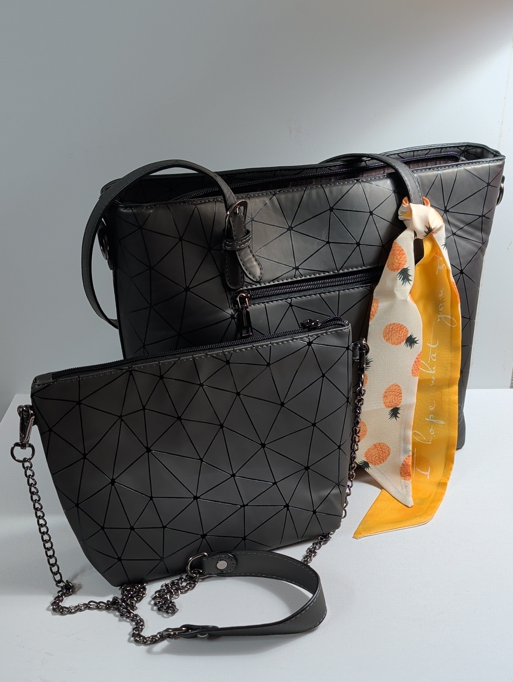 Matte Black Geometric 2-Piece Tote & Crossbody Set